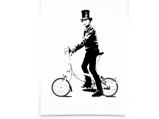 Glass Designs Stewy Unframed Brunel on a Bike Print. Black and white illustration. Print taken from life size stencils from Bristol street artist Stewy. 