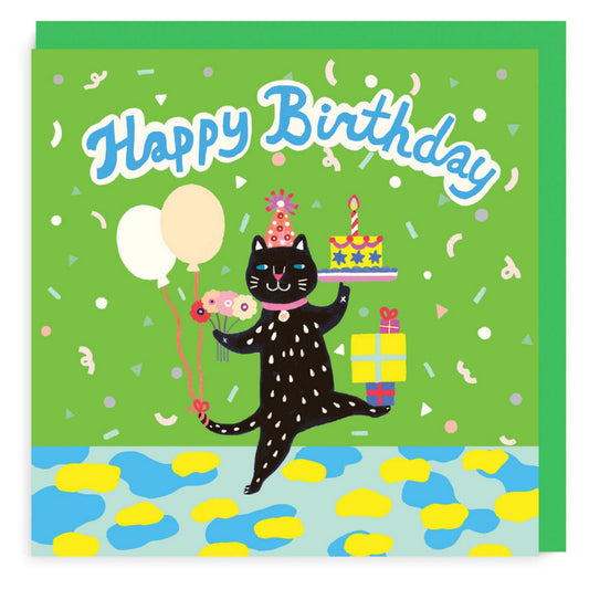 Card with colourfull illustration of a dancing black cat holding presents and balloons.