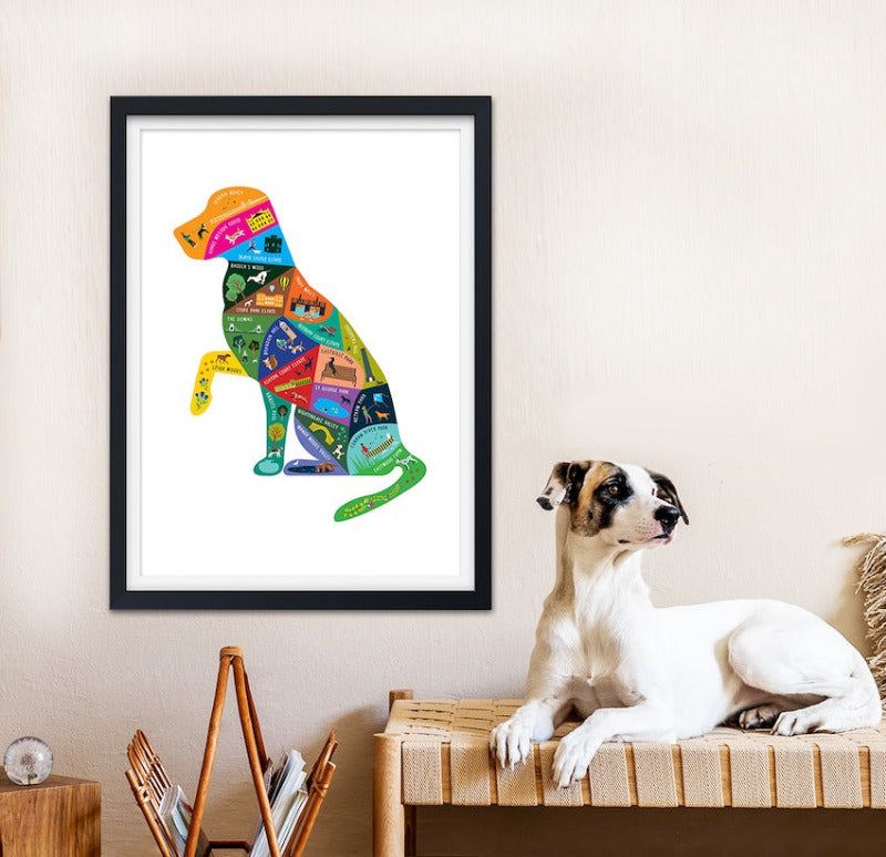 A colourful map in the shape of a dog featuring popular dog walks in Bristol