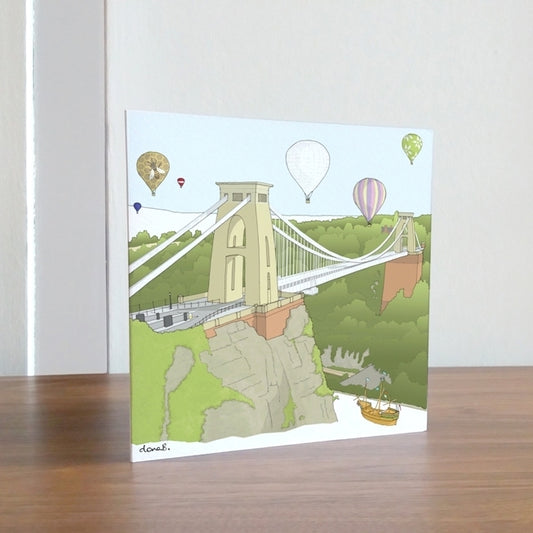 Blank Greetings Card with illustration of Bristol Suspension Bridge, balloons and the Matthew.