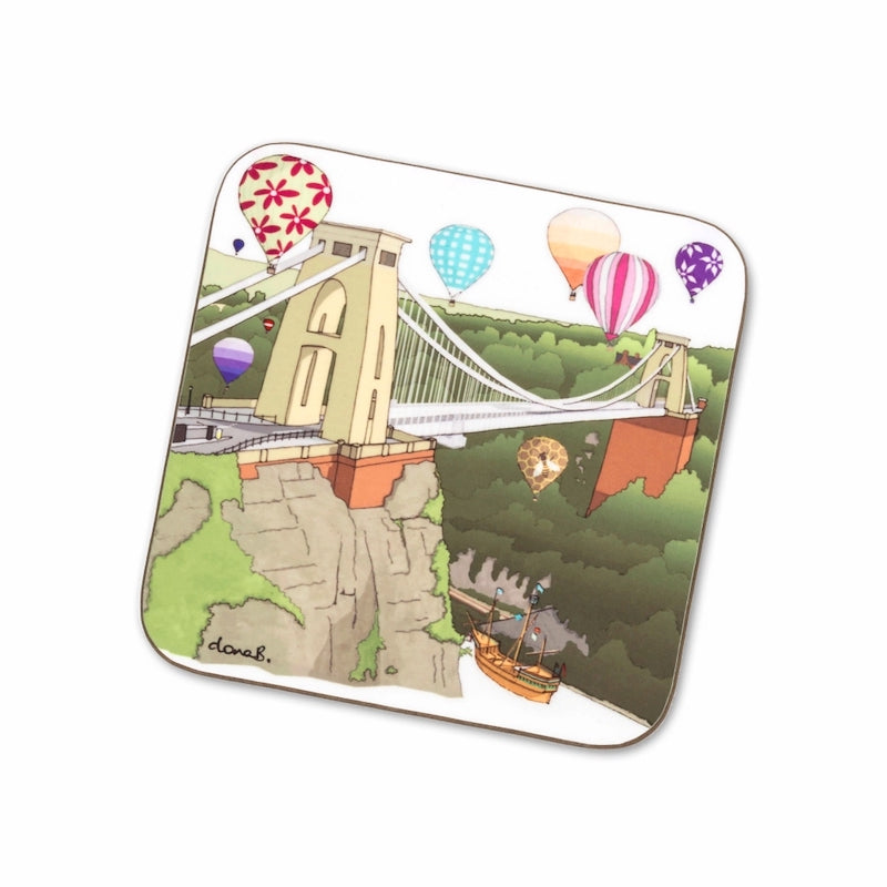 Illustration of Bristol Suspension Bridge with balloons and the Matthew on a coaster.