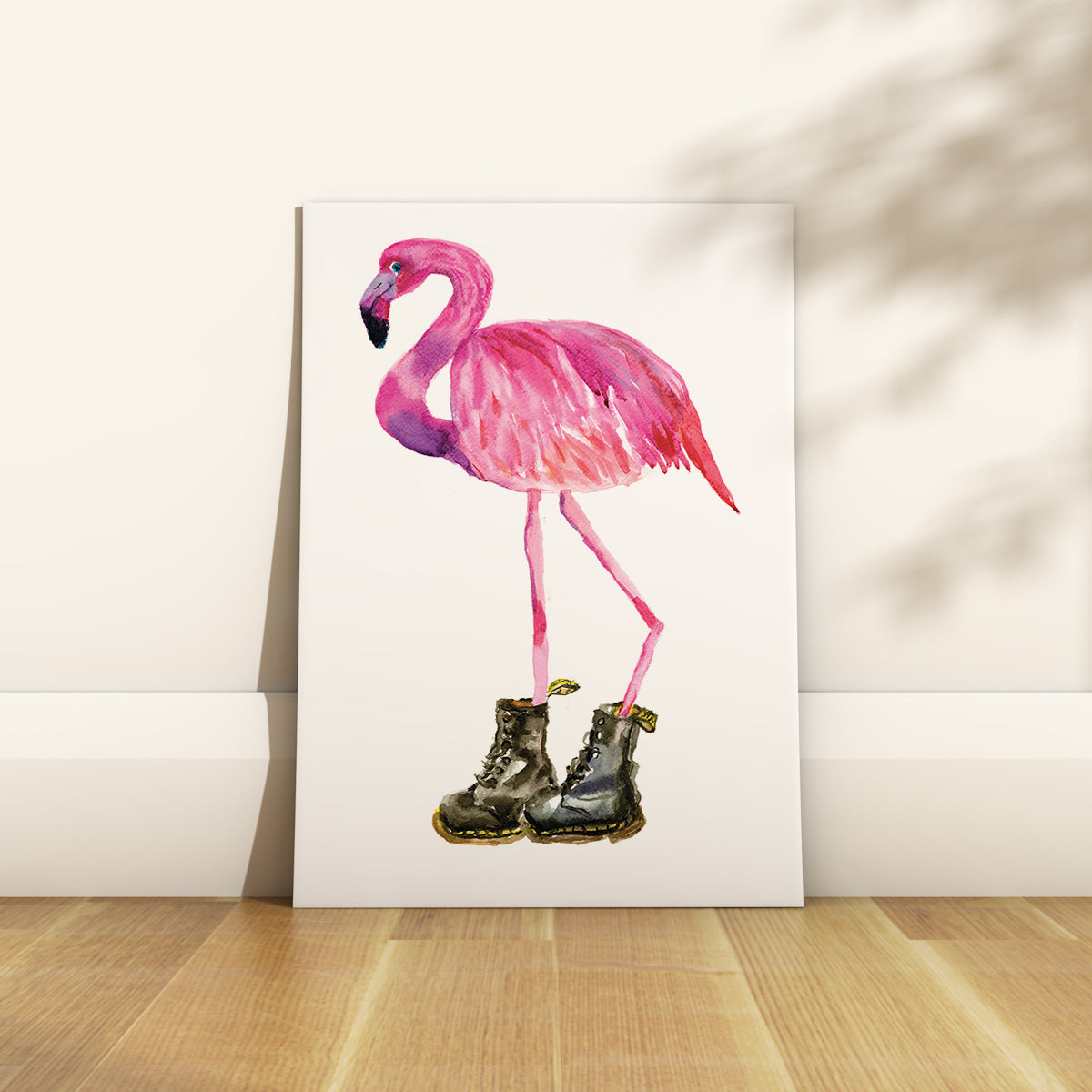 Rosie Webb a bristol based water colour illustrator.  A pink flamingo in doc martens,