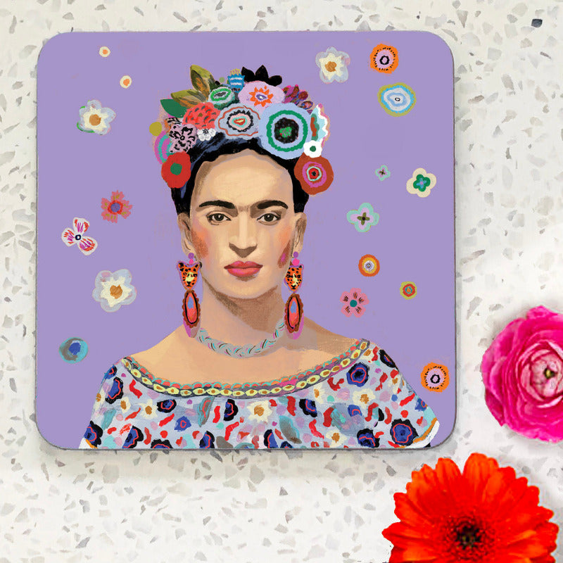 Coaster with Fida Khalo illustration wih flowers and lilac background