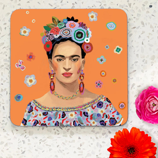 Coaster with Frida Khalo illustration. Floral with orange background