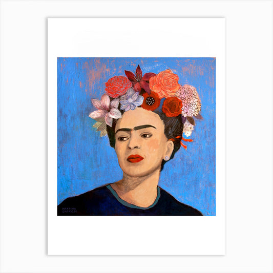 Print with portrait painting of Frida Kahlo with pink flowers in her hair and blue background