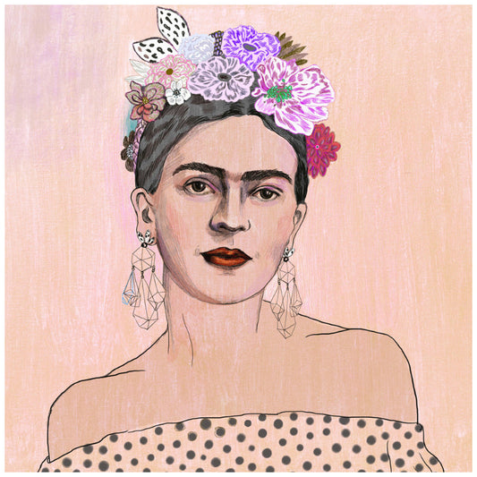 Hand illustrated portrait of Frida Kahlo in shoulderless dress and flowers in her hair. Background is pale pink.
