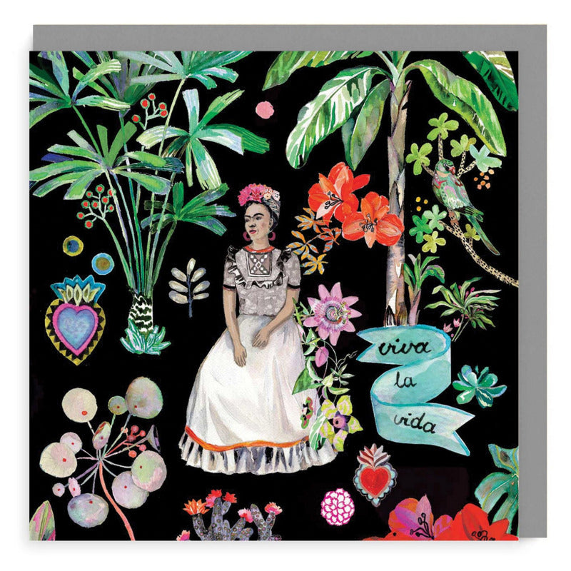 Card with colour painting of Frida Kahlo surrounded by trees and flowers on black background.