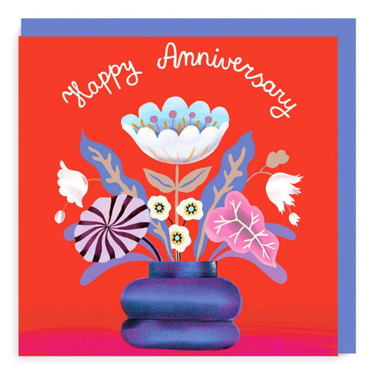 Happy Anniversary hand drawn message. Purple vase of flowers illustration with red background.