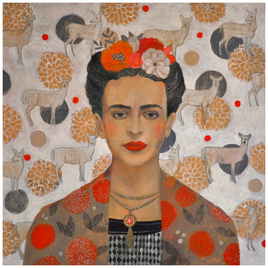 Hand illustration in colour portrait of Frida Kahlo with deer and flowers in background