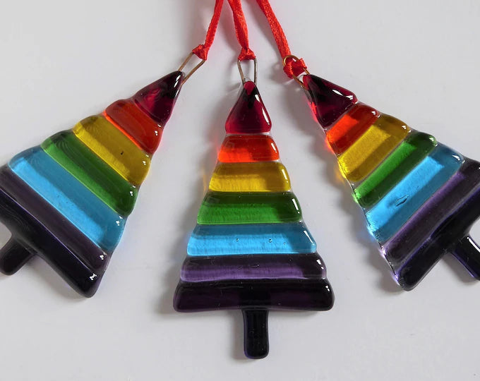 Fused Glass Rainbow Striped Christmas Tree, perfect Christmas Decoration. LGBT Colours