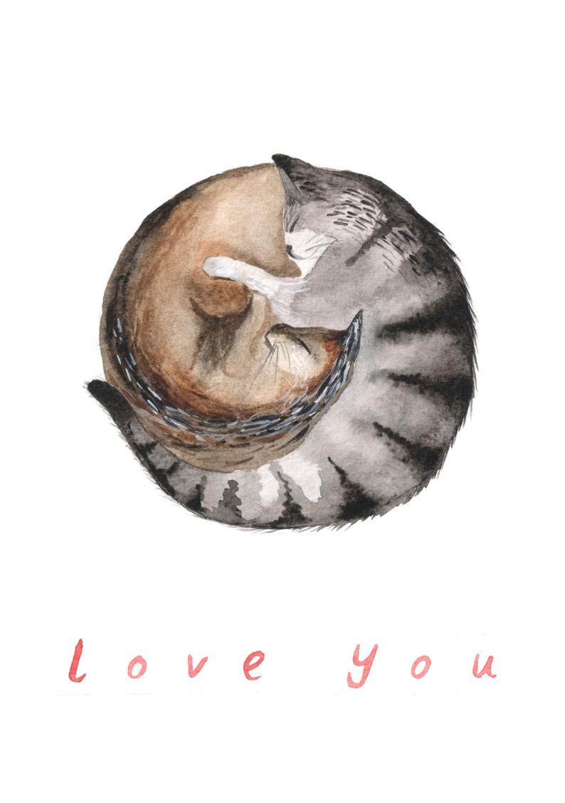 watercolour greetings card with two cats curled up together and the words ''love you''