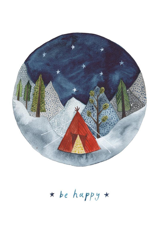 card with round watercolour of mountains dark sky and a tent with the words ''Be Happy'' 