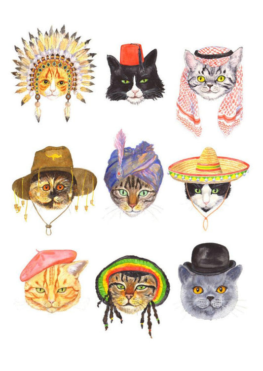 Original illustration of 6 cat heads in international headgear