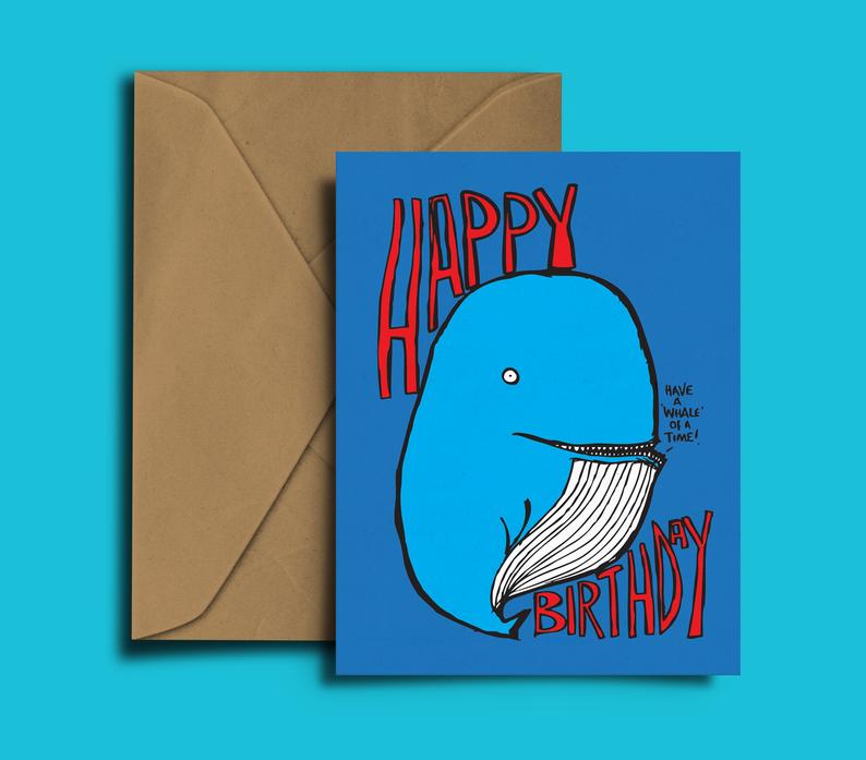 Glass Designs Dixon Does Doodles card with a picture of a blue whale and the words happy birthday have a whale of a time 