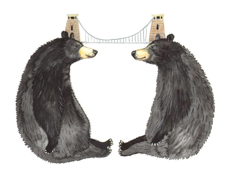 Two black bears face each other with Clifton Suspension Bridge balanced on their heads!