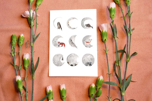 watercolour greetings card with moon phases and shapes and animals