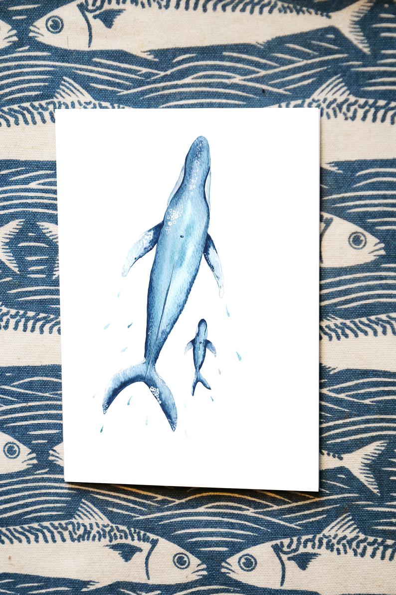 watercolour greetings card with a big mum whale and a baby whale 