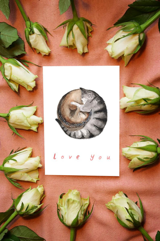 watercolour greetings card with two cats curled up together and the words ''love you''