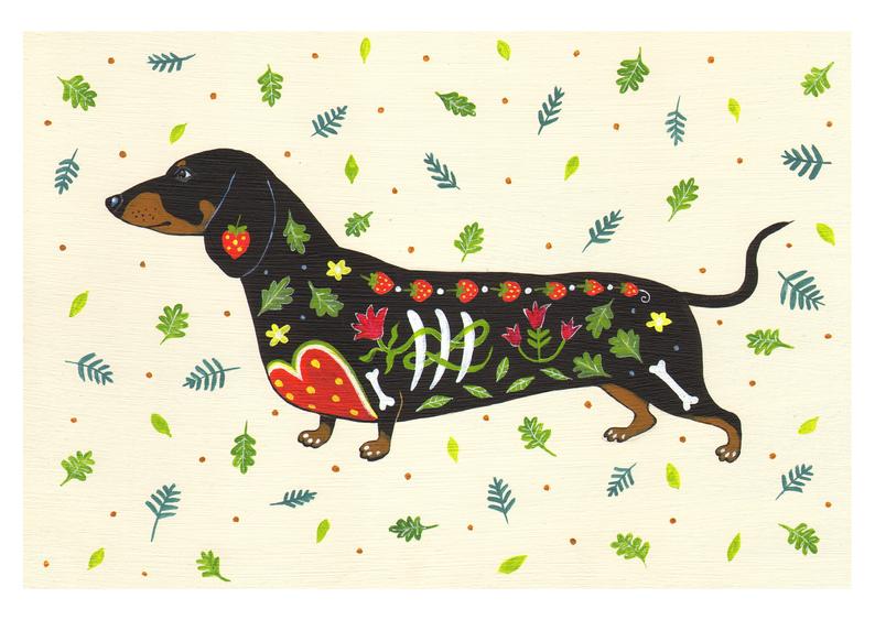 Laura Robertson Dachshund With Leaves Print