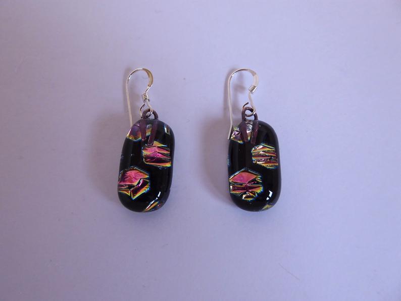 Eva Glass Black Pink Honeycomb Earrings. Dichroic Glass Earrings.