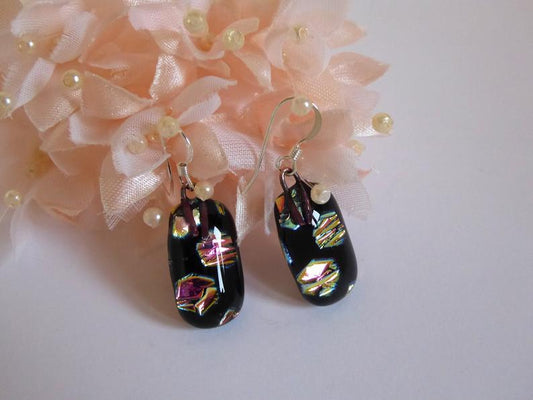 Eva Glass Black Pink Honeycomb Earrings. Dichroic Glass Earrings.