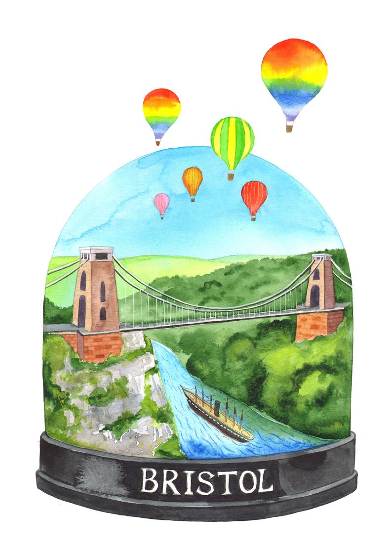 Bristol Snow Globe, from an original watercolour painting by Laura Robertson Featuring the world famous Clifton Suspension Bridge with balloons in Bristol.