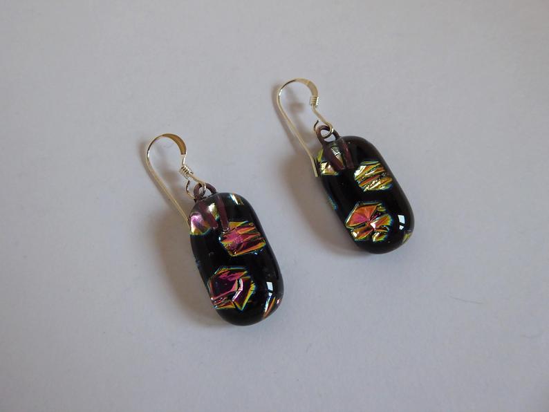 Eva Glass Black Pink Honeycomb Earrings.  Dichroic Glass Earrings.