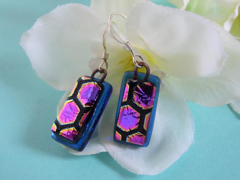 Eva Glass Blue Pink Honeycomb Earrings.  Dichroic Glass Earrings.