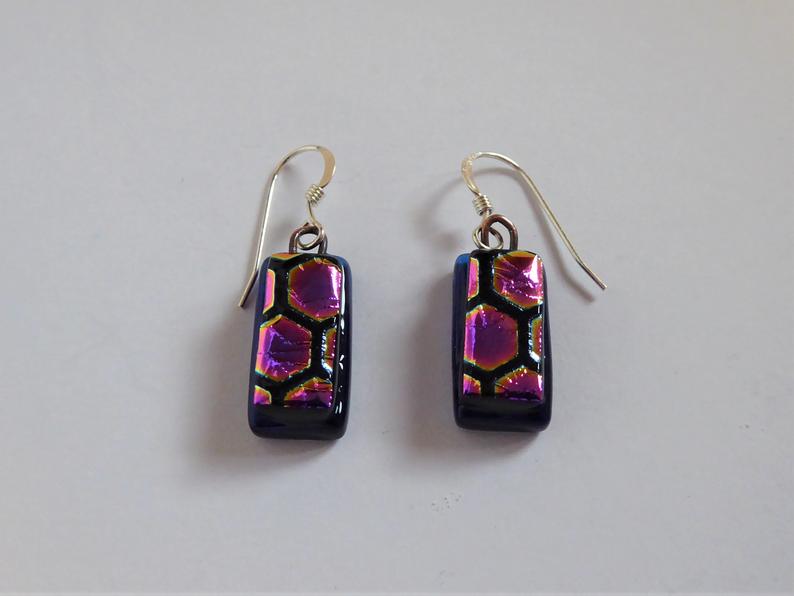 Eva Glass Blue Pink Honeycomb Earrings. Dichroic Glass Earrings.