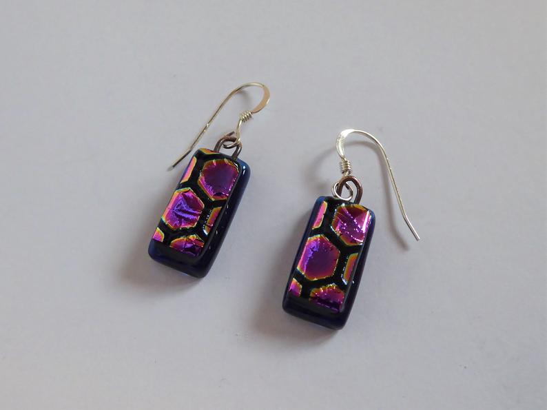 Eva Glass Turquoise Purple Honeycomb Earrings, Dichroic Glass Earrings.