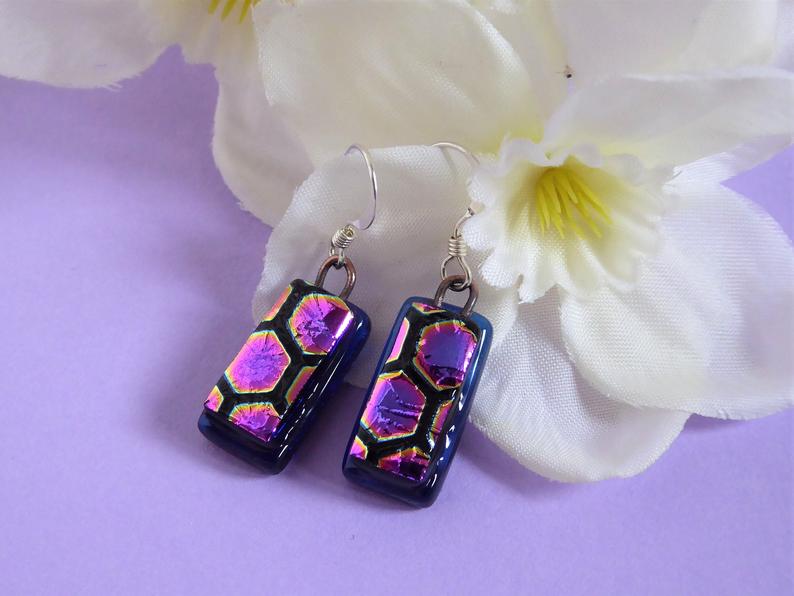 Eva Glass Blue Pink Honeycomb Earrings. Dichroic Glass Earrings.