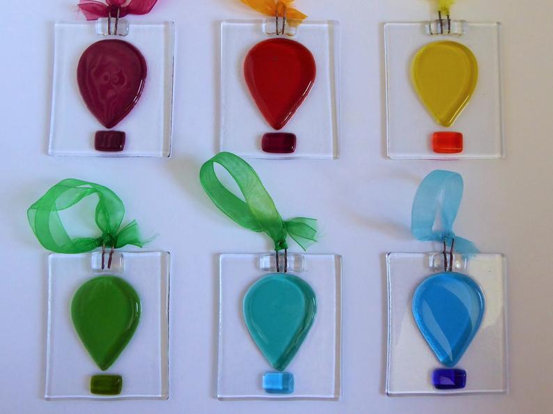 Eva Glass Small Fused glass hot air balloon. Hanging glass decoration.