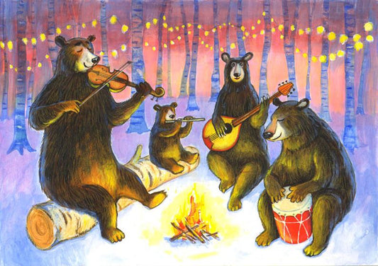 A magical scene of four bears playing musical instruments in the forest