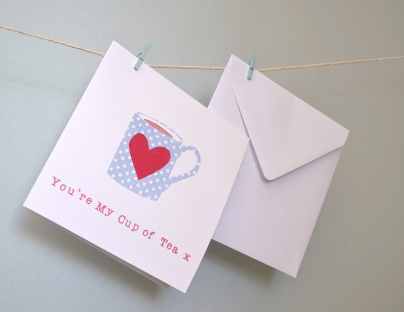 Little Red Apple Valentine's Card, Your're my cup of tea card, anniversary card, couples card, husband valentine, boyfriend card.