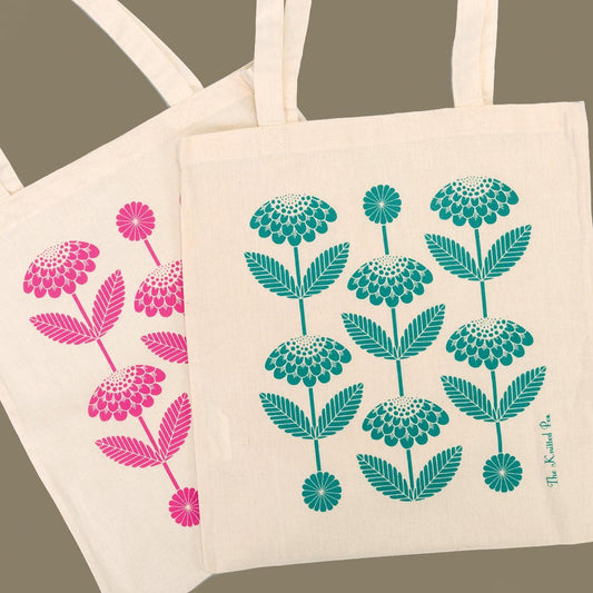 100 % floral blossom printed tote bags choice of pink or teal. Handmade in Bristol.
