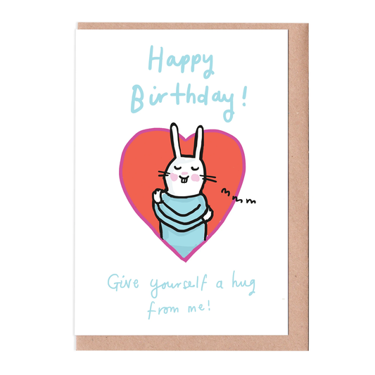 Sarah Ray Give yourself a hug from me birthday card.  Illustration of a rabbit hugging itself in a red heart.