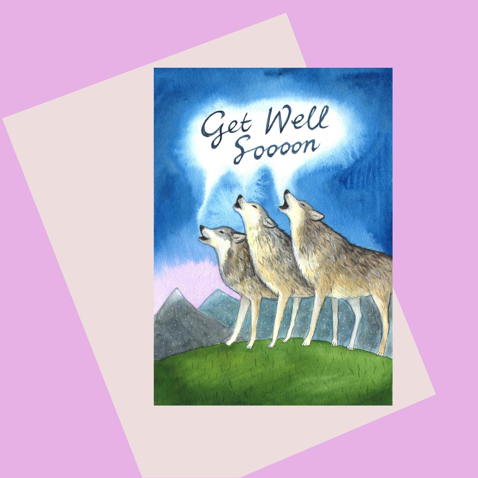 A Quality A6 Greetings Card, 3 wolves howling Get Well Soon message.  Card is blank inside.