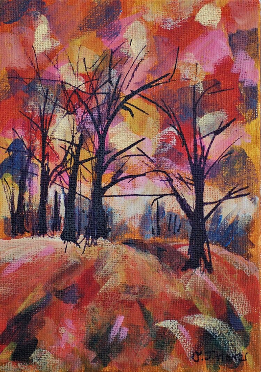 Viv Hunter Art Card.  Painting of trees silhouetted against red and pink landscape.