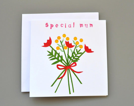 Little Red Apple Special Mum Card great for Mother's Day, Thank you Mum, lovely bouquet of flowers. Made in Bristol.
