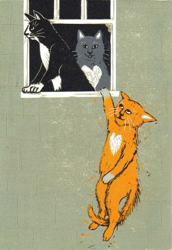 A humorous take on the well hung lovers banksy art. 2 cats look out the window and one cat hangs off the window sill. Perfect Bristol and cat lovers card.