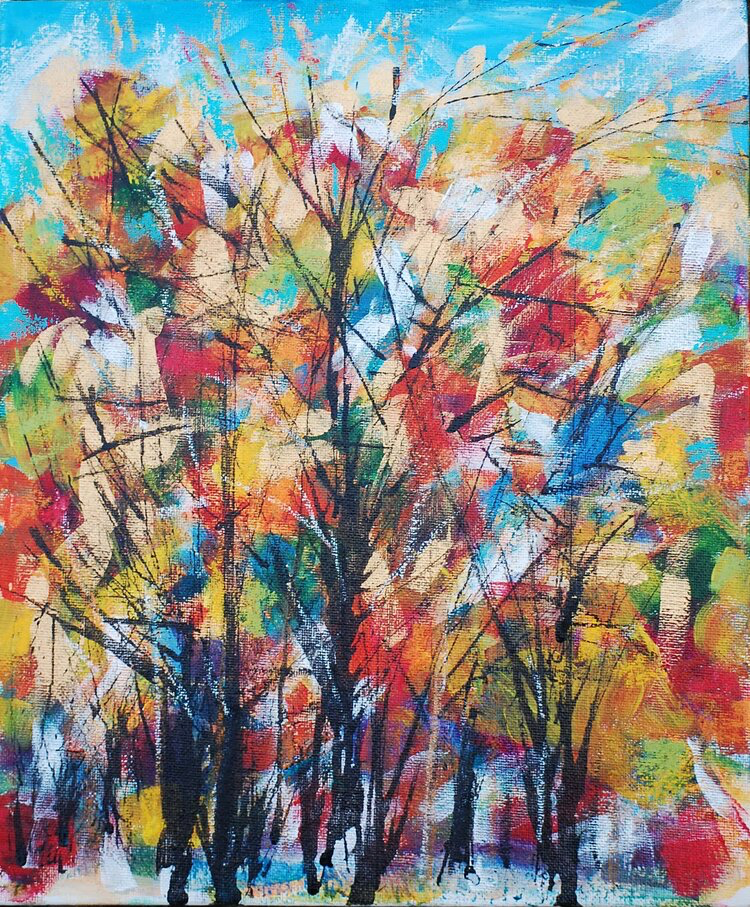 Viv Hunter Art Cards, Vibrant autumn burst of colour pastel painting of trees.