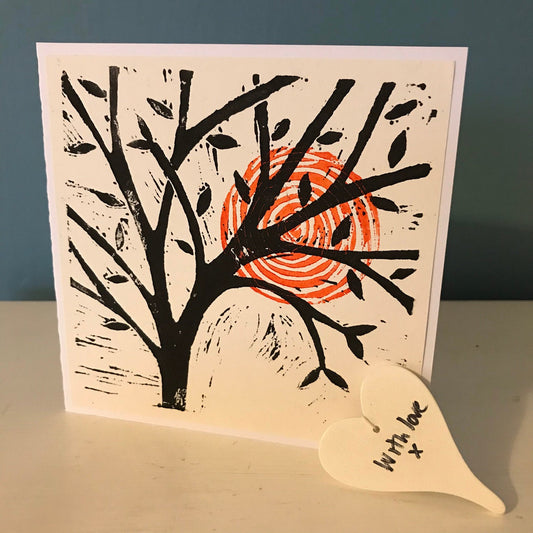 Tree with a red sun, this card a hand printed lino cut.  Perfect greetings card for any occasion, blank inside for your own message.