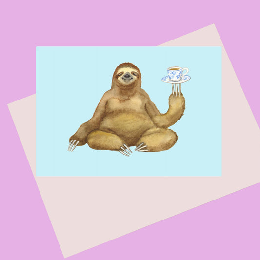 Keep Calm Sloth Card.  A happy Sloth drinking a cup of tea.  Perfect card for any occasion.  Print from Original painting by Laura Robertson a Bristol artist.