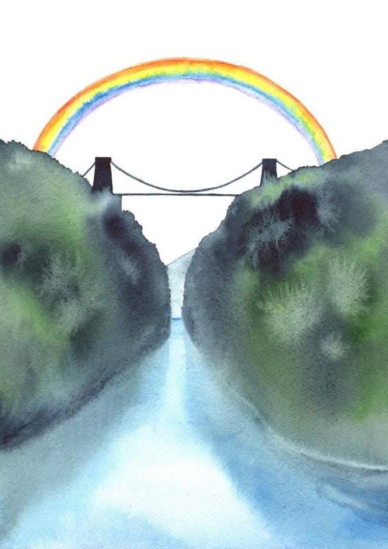 Print of a water colour of Bristol Suspension Bridge with a rainbow by Laura Robertson. 