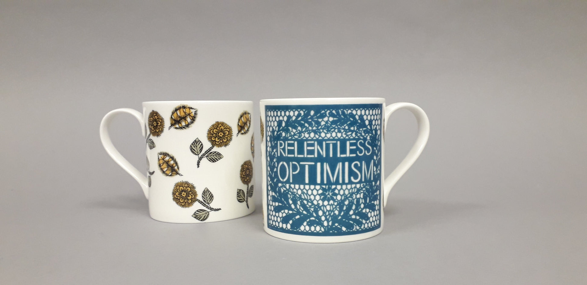 Relentless Optimism bone china mug.  Made in Bristol by Stokes Croft China.