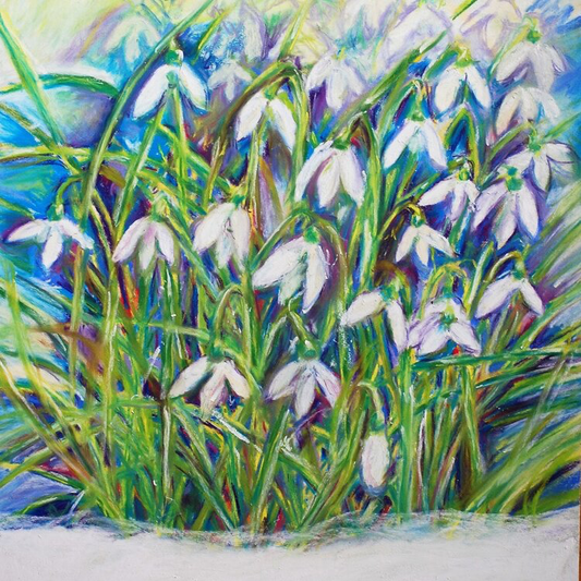 Viv Hunter Art Card.  Pastel print of a painting of a bunch of snowdrops.