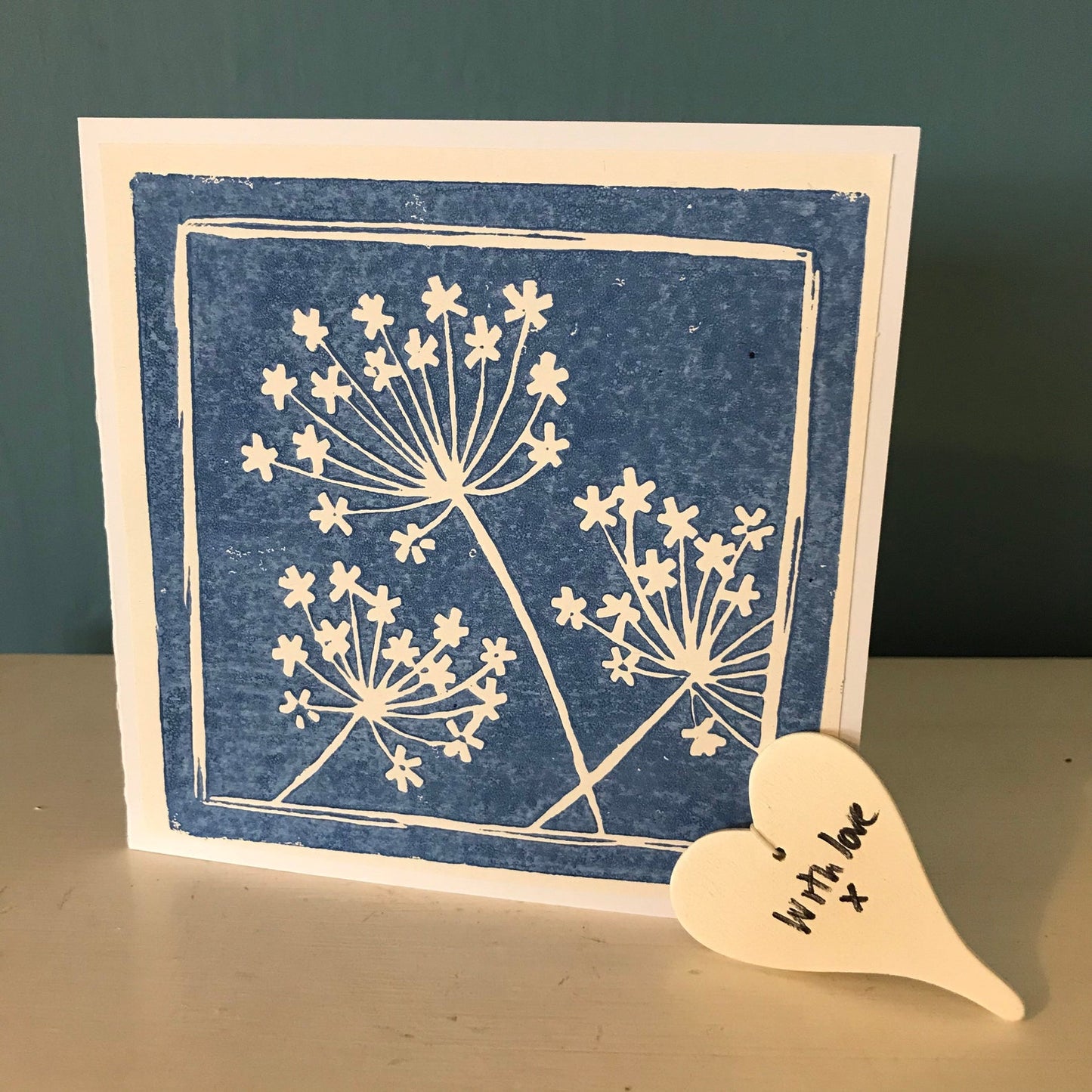 Hand printed Lino cut greeting card, single colour. Seed head design. Blank inside for your own special message.