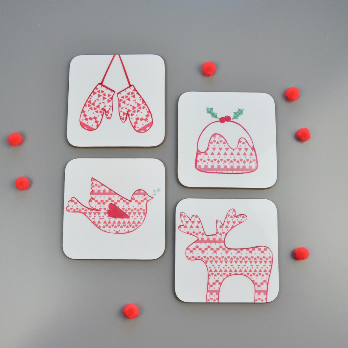 Little Red Apple Christmas Coasters 4 Pack. Handmade in Bristol. Scandi Style.