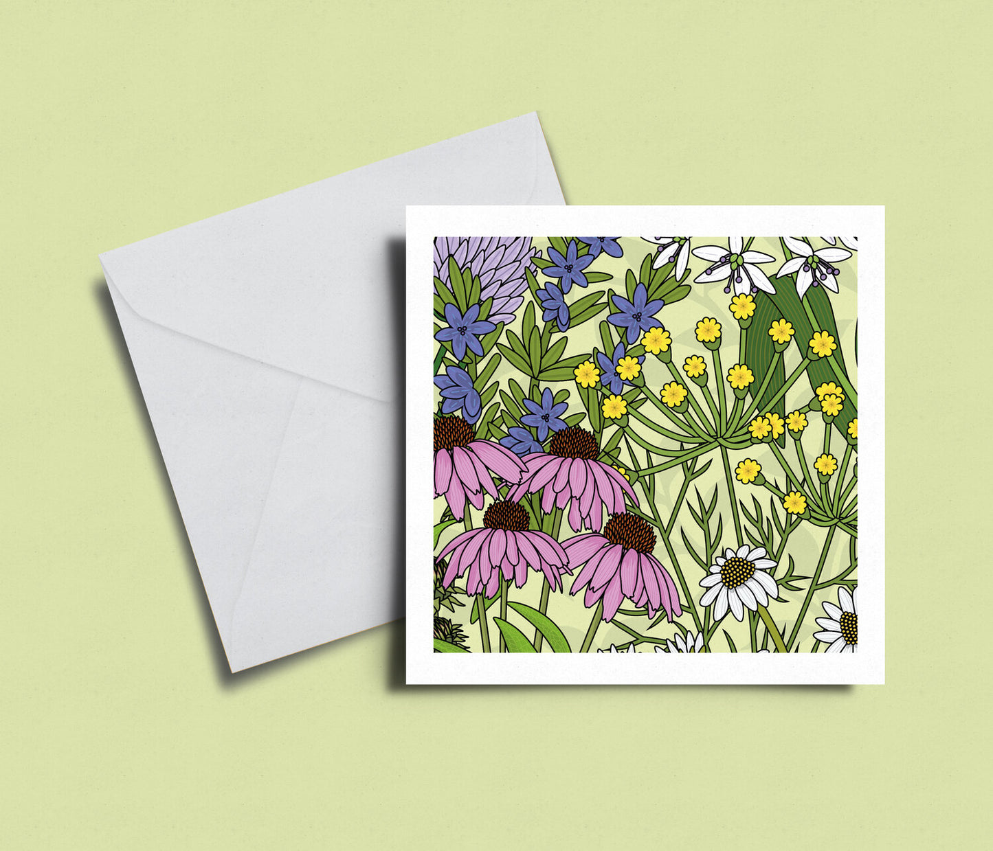 A card adorned with a digitally designed illustration of beautiful flowers, blank inside, 14 cm x 14cm.