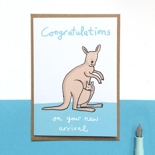 Sarah Ray Congratulations on your new arrival, an illustrative image of a kangaroo with a baby too in her pouch.